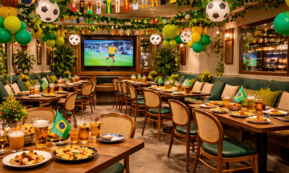 Restaurante decorado para receber clientes em jogo de copa do mundo.