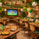Restaurante decorado para receber clientes em jogo de copa do mundo.