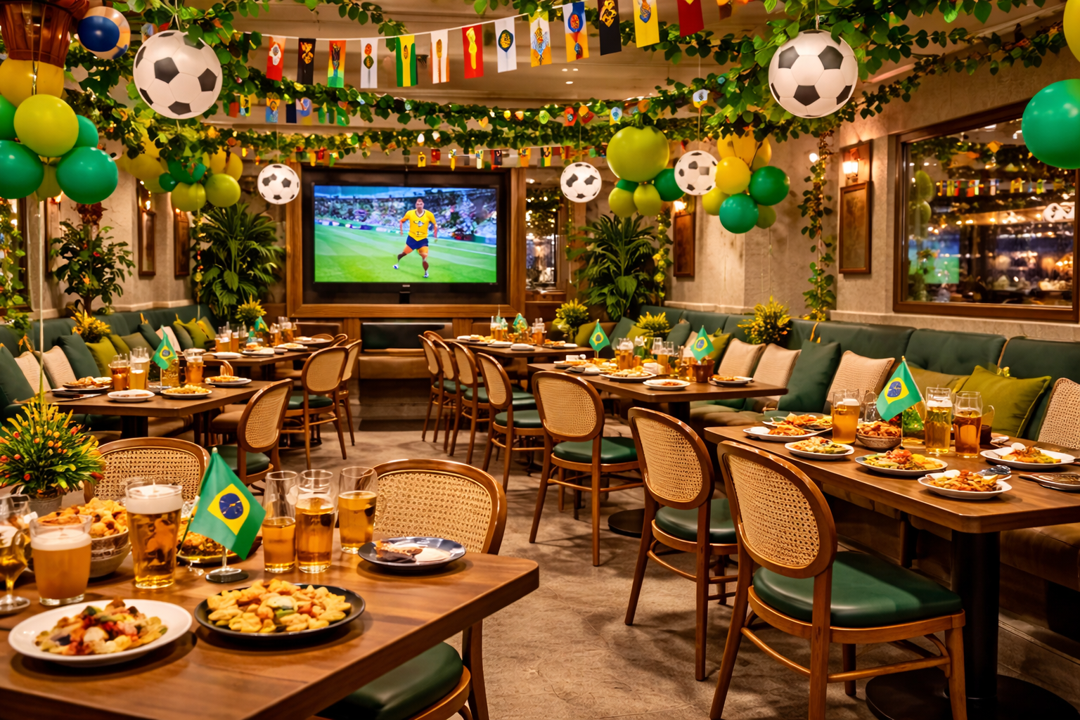 Restaurante decorado para receber clientes em jogo de copa do mundo.